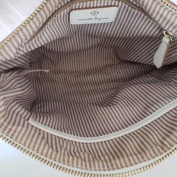 Nanette Lepore Woven Straw Crossbody Bag Gold Chain Strap Beige White Trim - Picture 5 of 8